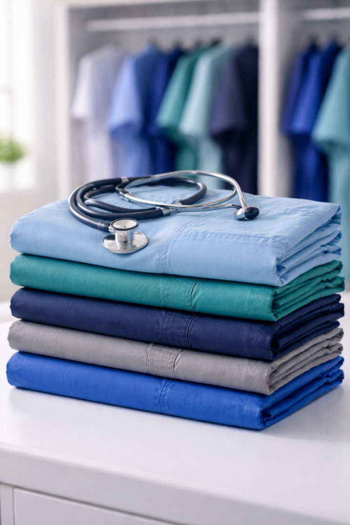 Stack of folded workwear uniforms with stethoscope on top in a clinical setting