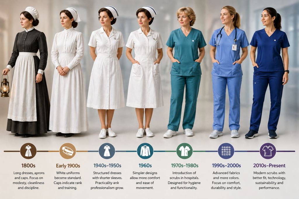 Illustration showing the evolution of nursing uniforms from traditional dresses to modern nursing scrubs over decades