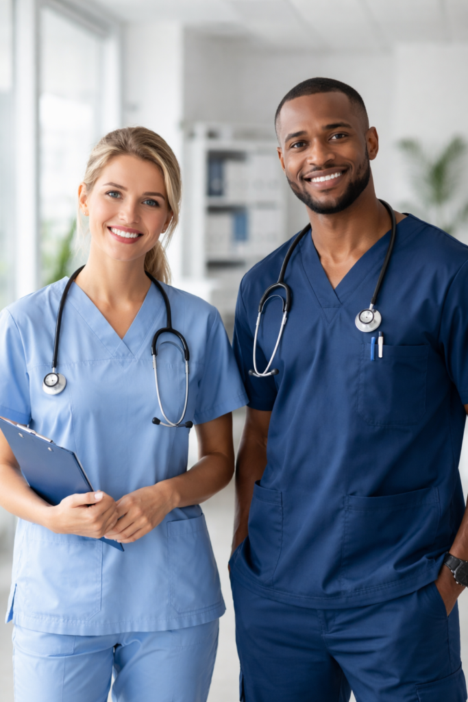 Healthcare workers feeling relaxed in good medical scrubs and uniforms

